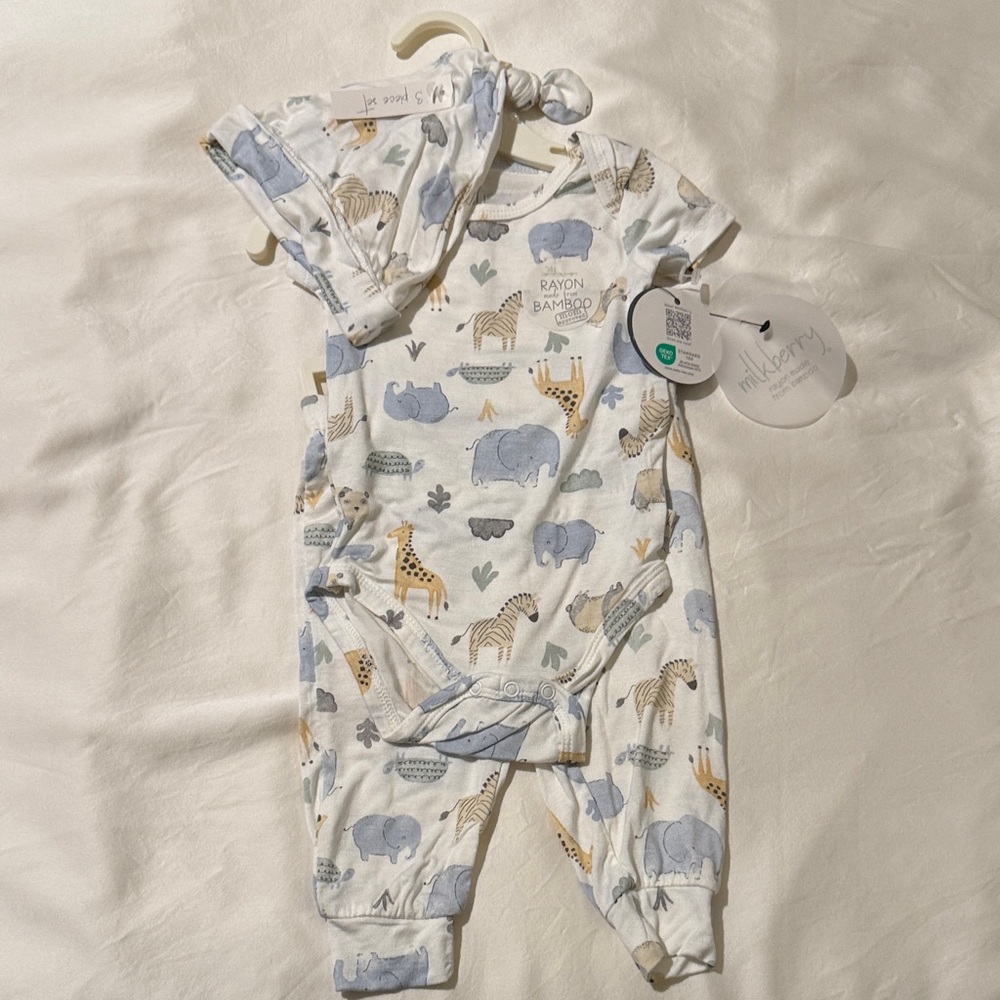 Milkberry Nursery Bamboo Animal Print Baby Romper with Hat - White/Blue/Tan